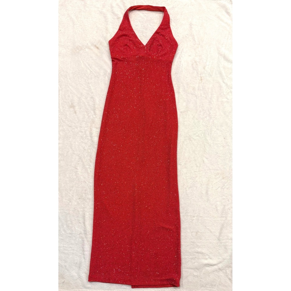 City Triangles Vintage Red Glitter Halter Maxi Dress V-Neck Evening Gown Medium